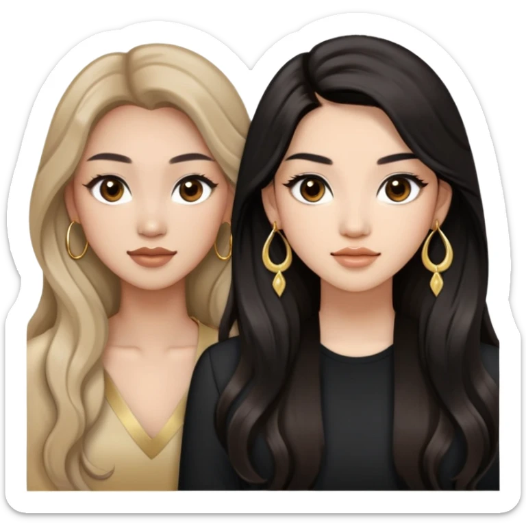 A two woman one is a asian with light skin and brown wavy long hair, big round brown eyes with long lashes and a bit of makeup and another is asian woman with black straight long hair with light tan skin and with big round dark brown eyes with full long lashes. Both wears a gold earrings sticker