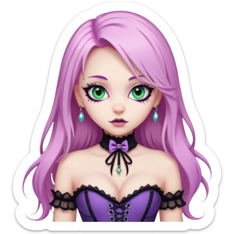 pretty scary girl, long straight LIGHT pink HAIR, jade kitten eyes, black eyeliner, pale skin, purple corset clothes with laces sticker