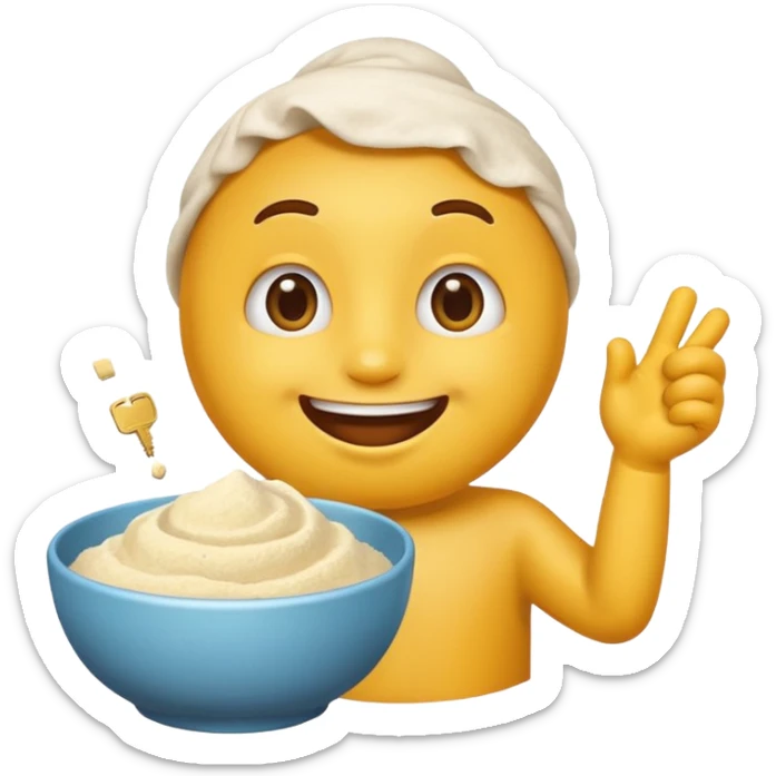 Excited yellow emoji holding a bowl of flour and a key sticker