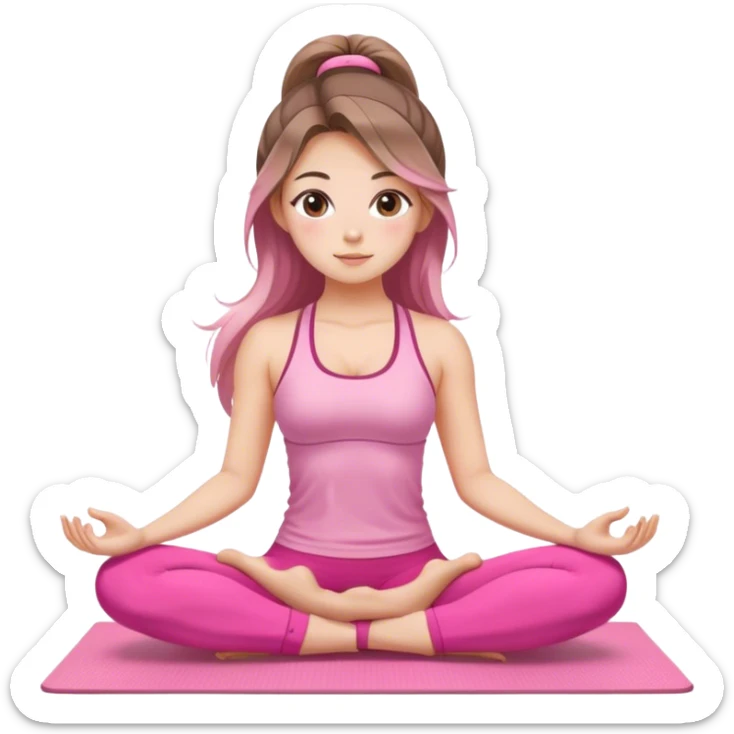 Balayage long hair and brown eyes yoga beautiful girl in pink clothes sitting on a yoga mat sticker