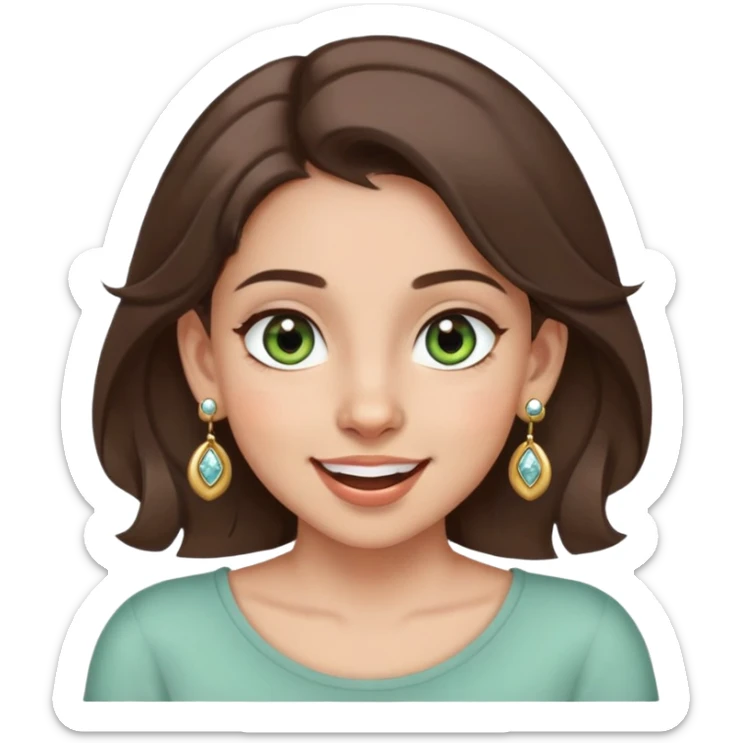 girl with gray-green eyes, brown hair, multiple earrings, mole on cheek, joyful expression sticker
