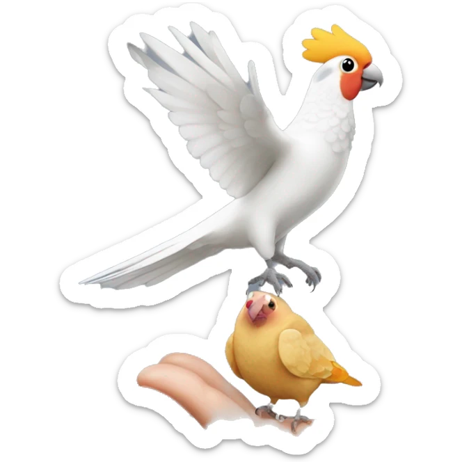 Cockatiel landing on a old lady with ginger curly hair, with also a ringneck dove in her hand  sticker