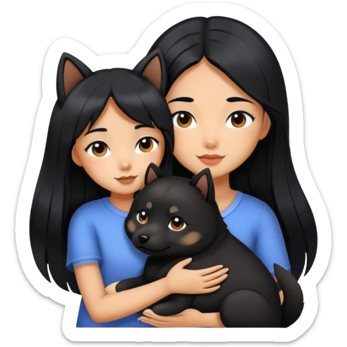 A beautiful girl with long black hair hugs a Black Shiba Lnu sticker