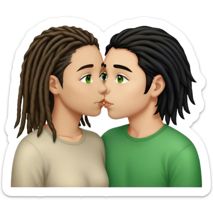 couple kissing. boy light skinned, short brown dreads, and green eyes. the girl is light skinned, straight black hair, and brown eyes sticker