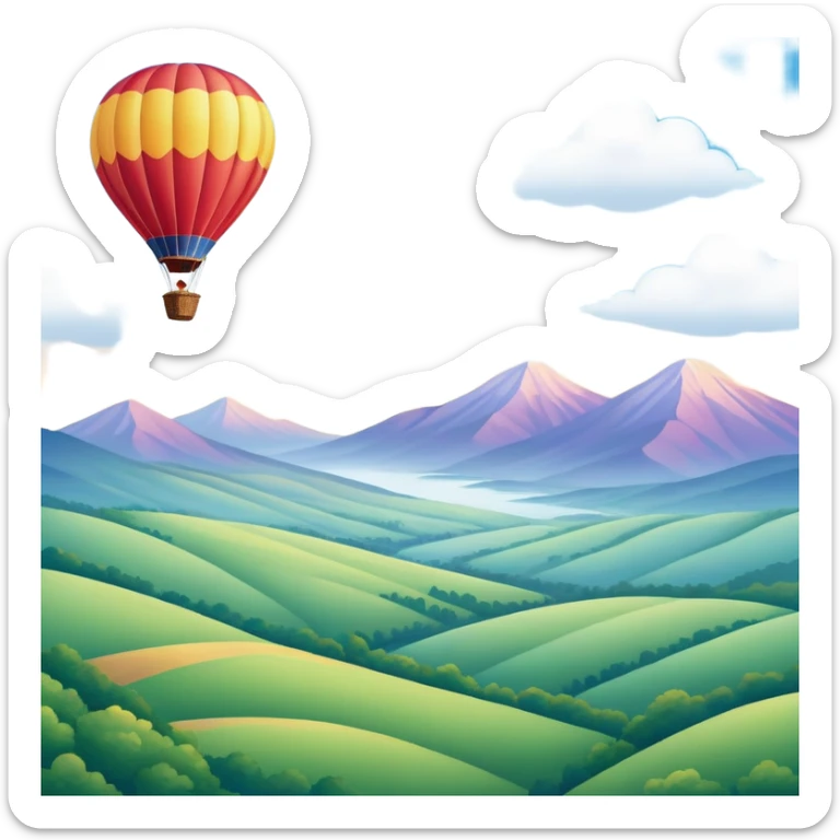 a clear sky and distant hills in the background with A colorful hot air balloon floating gracefully above the ground. The balloon's vibrant colors stand out against the soft clouds, capturing the peaceful yet adventurous spirit of hot air ballooning. sticker