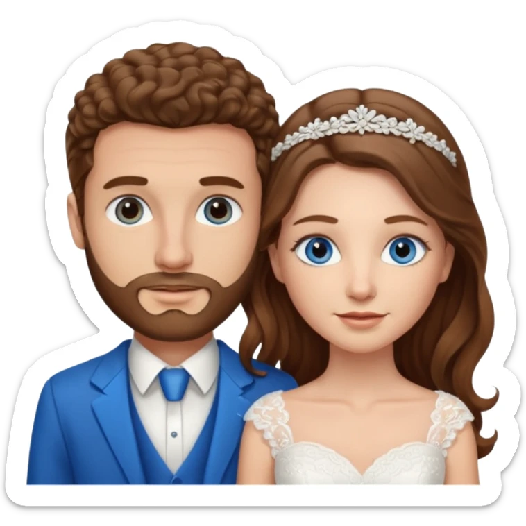 wedding couple, woman has long straight brown hair and blue eyes, man has short light brown curly hair and facial hair with blue eyes sticker