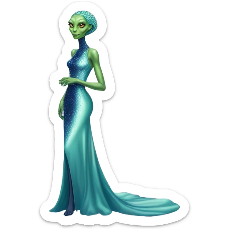 reptilian green alien woman, in long slim pastel blue formal party satin dress with gradient shiny sparkling navy blue diamonds embroidered, full body full figure sticker