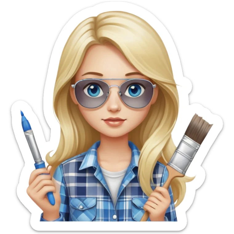 girl with long blond hair, wearing plaid shirt with blue eyes and aviator sunglasses wearing a ring on her silver necklace, holding a paint brush roller sticker