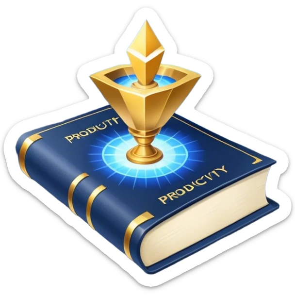 A navy blue productivity book with gold details, chart with upward trend aura, radiating productivity, strategy, and success in motion- sticker