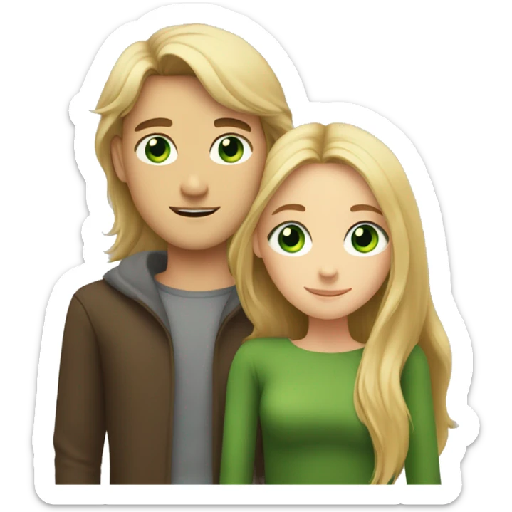 A girl with green eyes and brown long hair hugs a blond guy with green eyes sticker