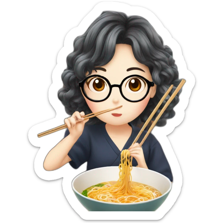 A girl with wave hair and glasses who livres k-drama eating a ramen with chopstick sticker