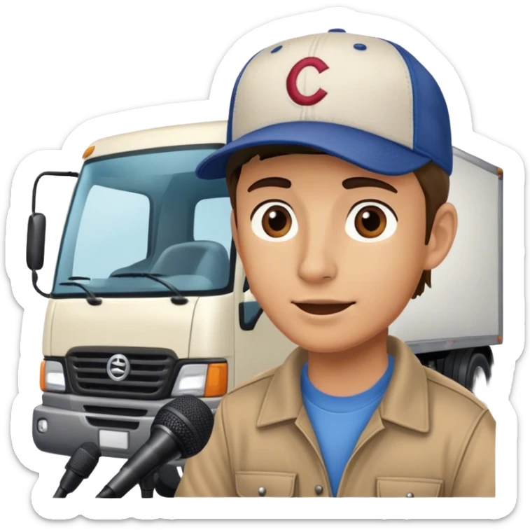 driver of a truck in front of a truck speaking to a microphone interview sticker