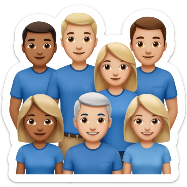 CREA UN EMOJI DE 7 PERSONAS HOMBRES Y MUJERES, CON CAMISA AZUL SOLO 7 SIETE PERSONAS sticker