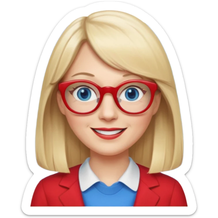 45 yr old white woman, pale skin, long straight blond hair parted in center, blue eyes, bangs, clothes for school, big red glasses, oval face sticker