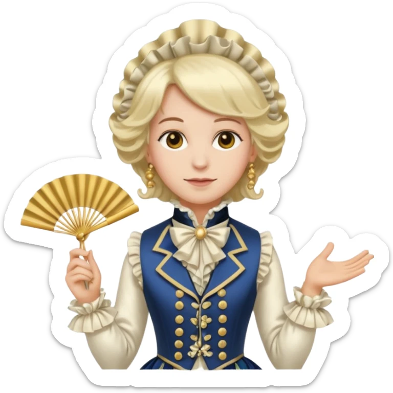 An emoji portrait of a French aristocrat. He wears a powdered wig and a silk waistcoat with a ruffled jabot. His expression is poised and refined, and he holds a fan. sticker