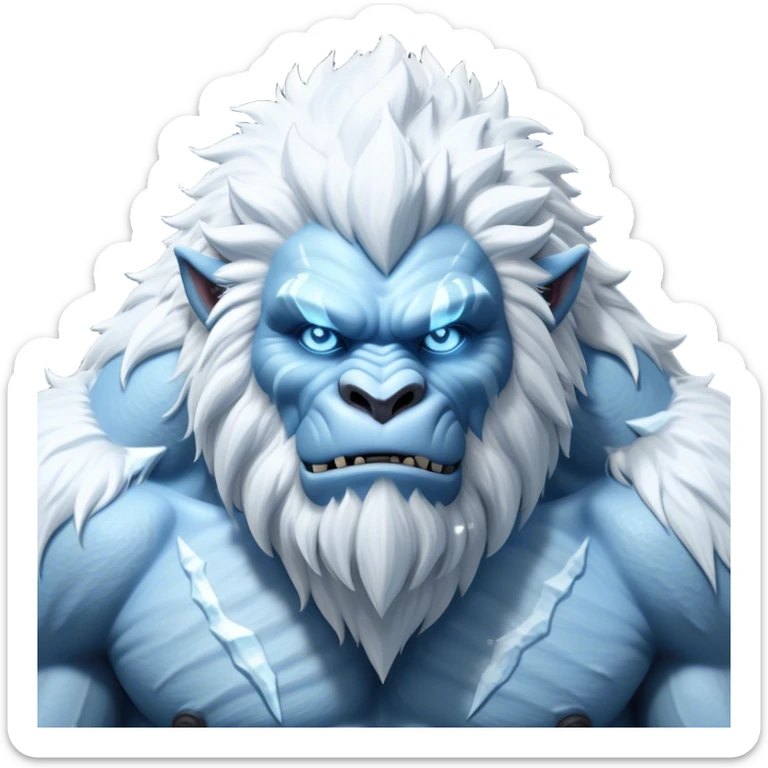 Cinematic Realistic WoW Yeti Portrait, depicted as a majestic, colossal creature of the frozen wilds, with thick, shaggy fur in pristine icy white and subtle pale blue highlights. His powerful, muscular frame and piercing ice-blue eyes exude ancient wisdom and raw strength. Rendered with lifelike texture and natural frosty lighting, high shine, noble and imposing, capturing the essence of a legendary yeti guardian. sticker