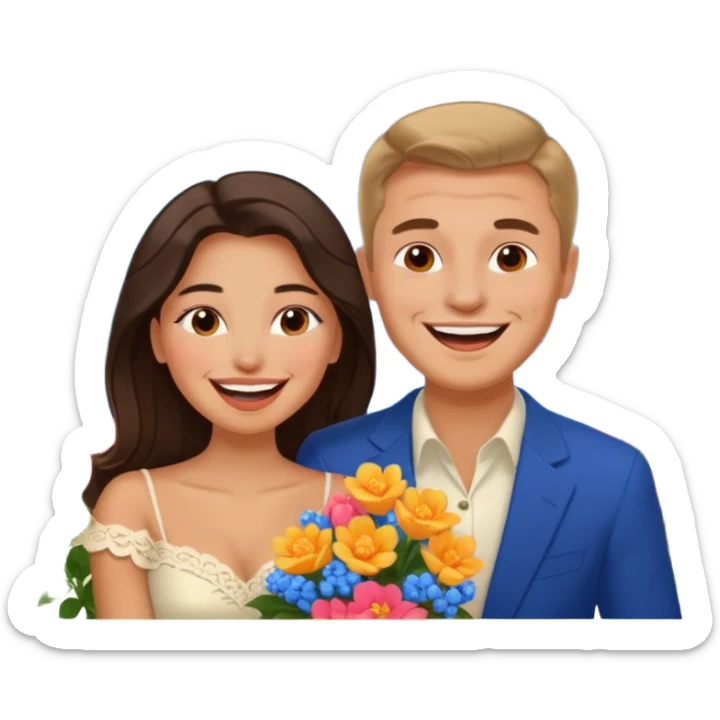 Couple  laughing traveling russian man and elegant  Latina girl delicate flowers and mountains in the background  sticker