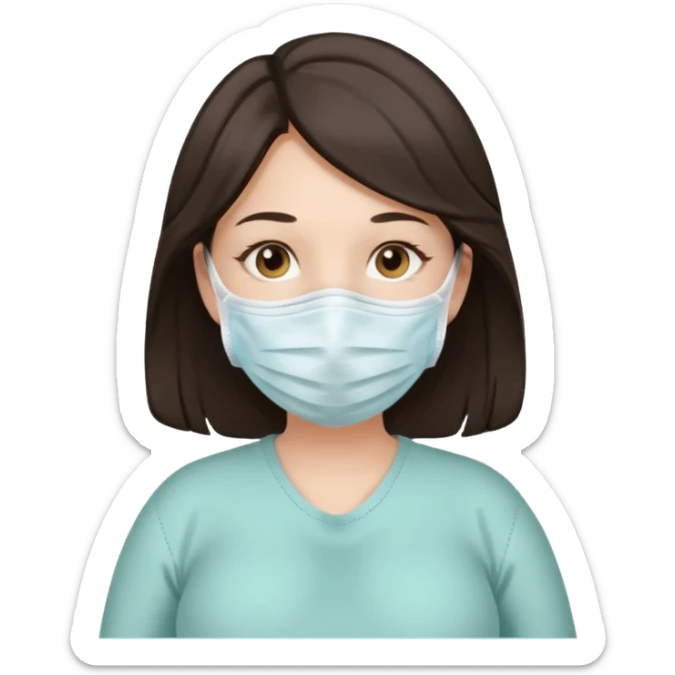 a pregrant lady with dark brown hair? Hair lengt above shoulder, wearing medical face mask sticker