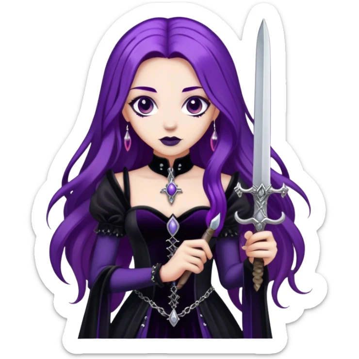 A gothic princess with long purple hair, in a black velvet dress, holding a silver dagger. sticker