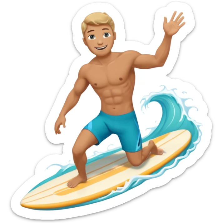 human male surfer riding a turquoise wave, muscular torso, shorts, big smile, bright sun, centered emoji, summer palette sticker