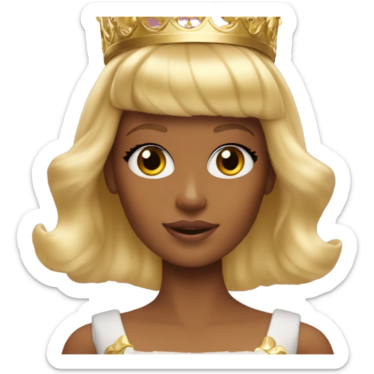 Blonde Barbie with full bangs and long hair and hazel eyes wearing a gold crown sticker