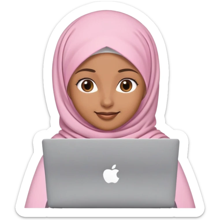Light brown skin woman wearing light pink hijab with hair showing working behind laptop sticker