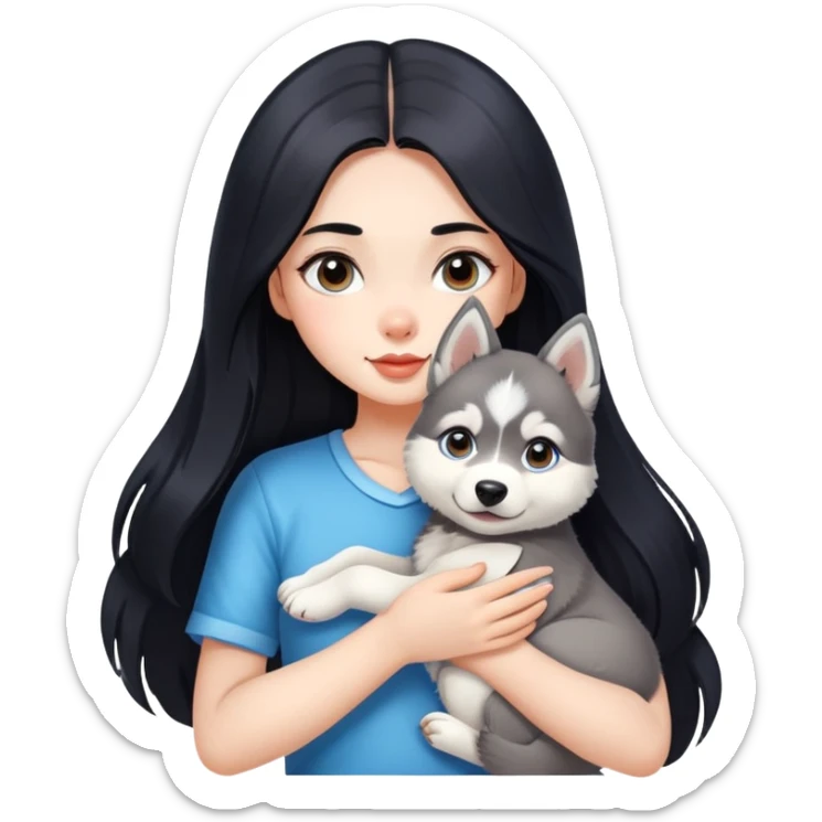 beautiful girl with long black hair holding a cute husky puppy sticker