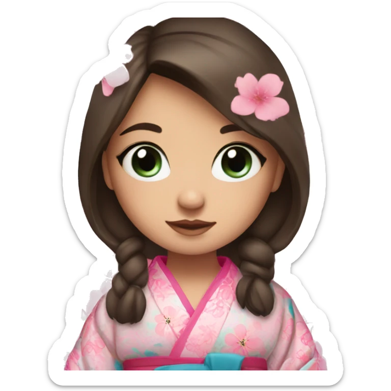 cute brunette girl with blue eyes in pink flower kimono sticker