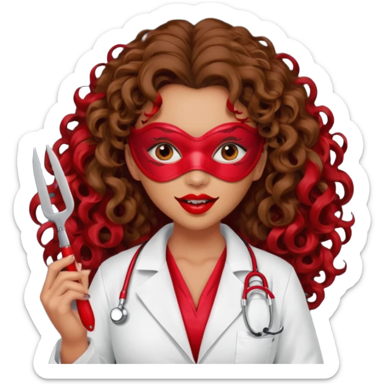 Lilith symbol seductress evil woman. She had brown long curly hair.  evil surgeon kills with scalpel wears red sexy doctor coat with red mouth mask  sticker