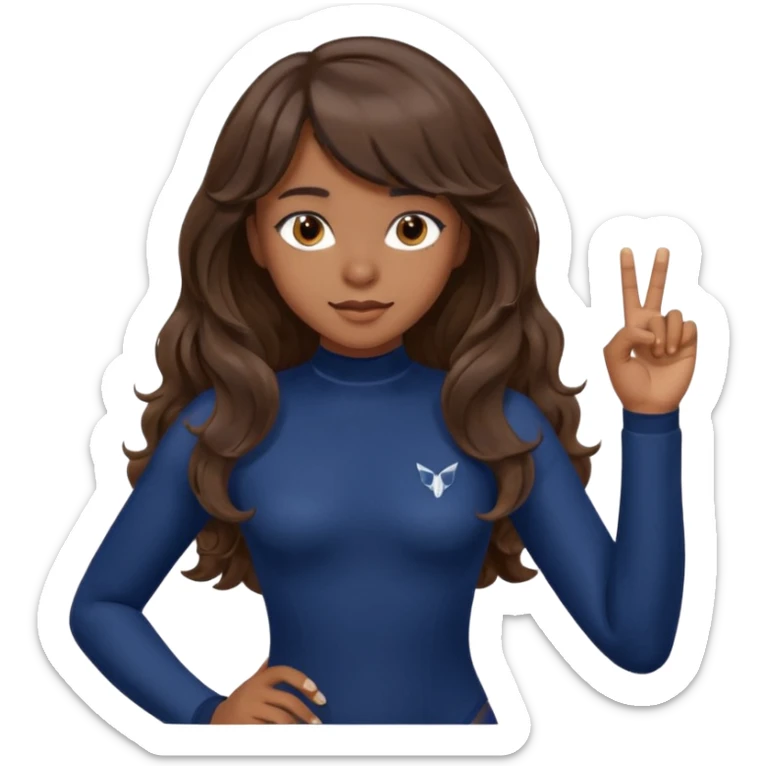 Uzun kahverengi dalgalı saçlı kahverengi gözlü esmer perçemli üzerinde lacivert parmak detaylı body olan bir kız yap sticker