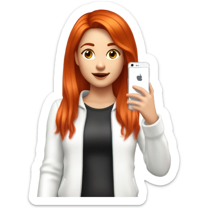 21-Year girl taking selfie in front of mirror. She has straight bright red hair. The length of her hair is up to shoulders, she wears white body suite and white jacket. She has phone in her hand. Phone has brown case and it's located on her face level sticker