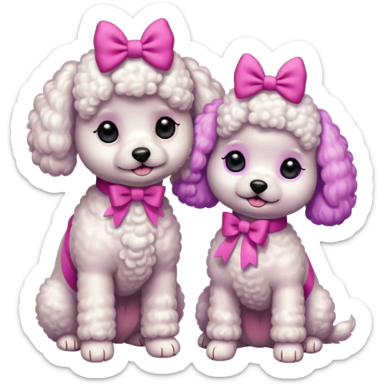 Two white toy poodle–style dogs, fluffy curly fur, round faces, black button eyes. Hot-pink paws, purple-dyed ear tips. One taller dog standing upright wearing a large pastel pink bow, one smaller round dog sitting. Cute plush emoji style. sticker