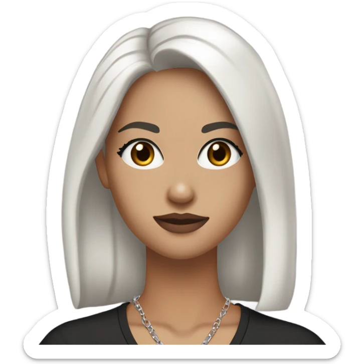 A white girl with a slight tan with a long, black hair, brown eyes, nice eyelashes, brown lip liner on, and she’s wearing a V neck black T-shirt with a silver cross chain and silver hoop earrings ￼ sticker