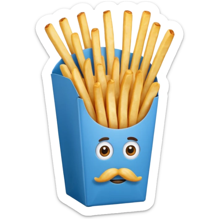 long slim crispy fries in a blue carton, carton has eyes and mustache sticker