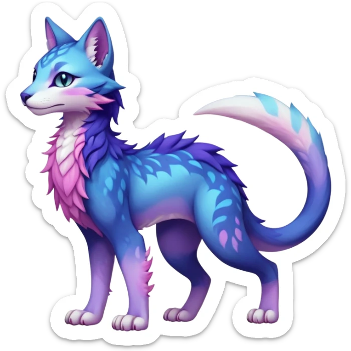 Kawaii dark blue indigo cyan purple violet pink beige white fantasy ethereal feline-vernid-sergal-fursona animal creature with a tufted tail full body with intricate markings sticker