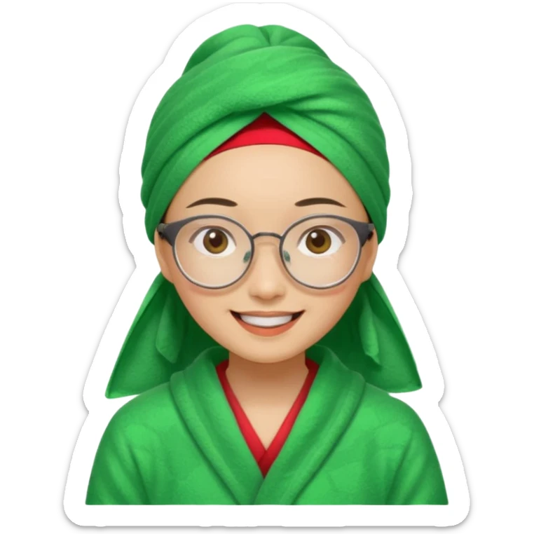 Asian woman wearing a green towel in her head with a broken glasses on her face in red pajamas sticker