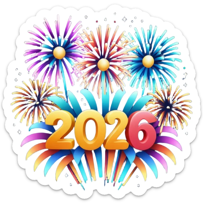"Happy New Year 2026" in backdrop of colourful fireworks in 3d outline sticker