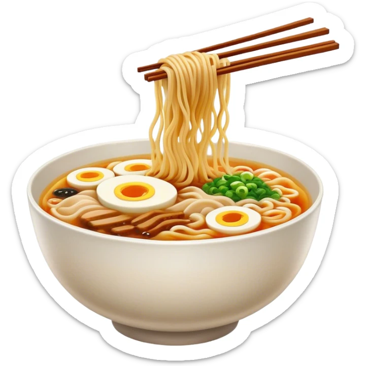 Cinematic Realistic Ramen Dish Emoji, showcasing a steaming bowl of rich broth with noodles and toppings rendered with dynamic textures and inviting, warm lighting. sticker