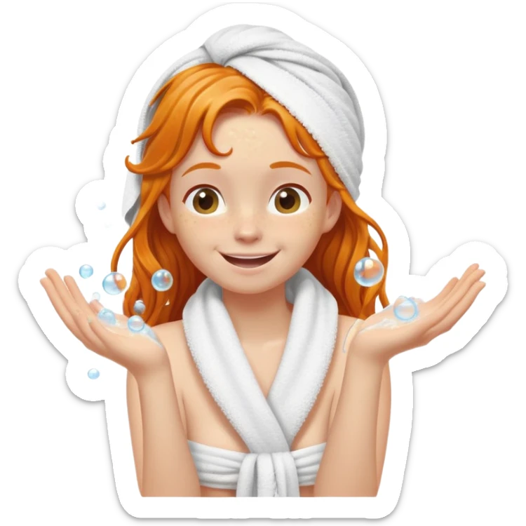 Happy Ginger girl sideways wrapped in towel shower washing long wet hair up in hands soapy bubbles sticker