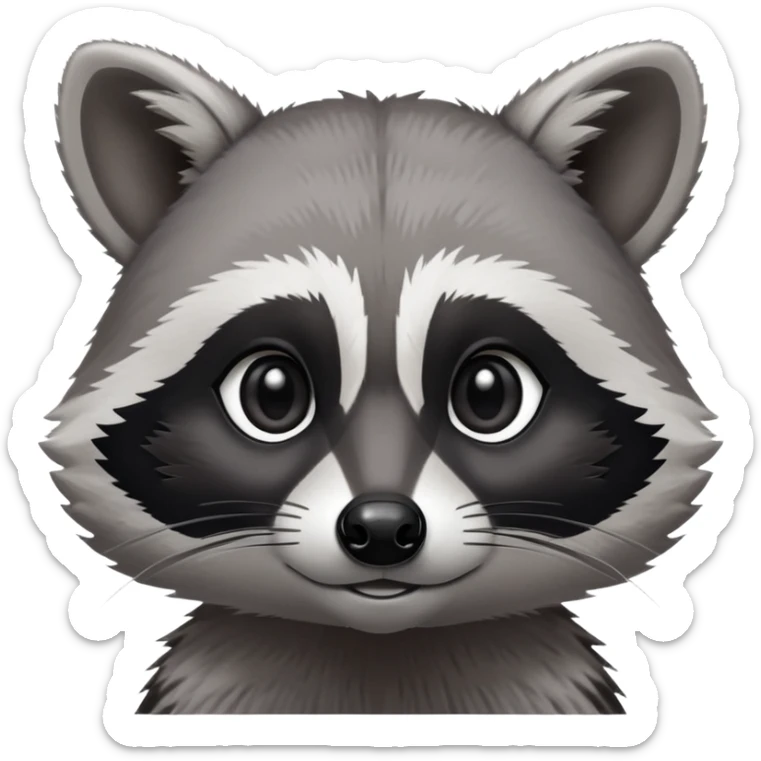 Cinematic-Noble-Raccoon-Portrait-Emoji – Poised and confident, with a sturdy build and a beautifully textured fur of silver-grey accented by dark black facial markings, deep-set, big black eyes, simplified yet sharp and sophisticated zoom out to show shoulders sticker