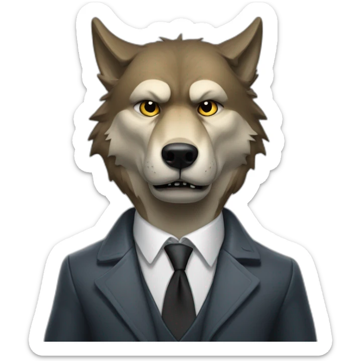 Portrait of Big Bad Angry Wolf with a human-like face wears a sleek jacket and tie like a salesman sticker