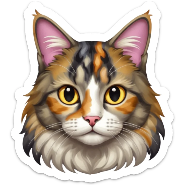 Maine coon black silver tortie et blanc avec une grosse tache noir sur un côté de la tête qui vient comme pour faire une moustache avec des couleurs assez vives  sticker