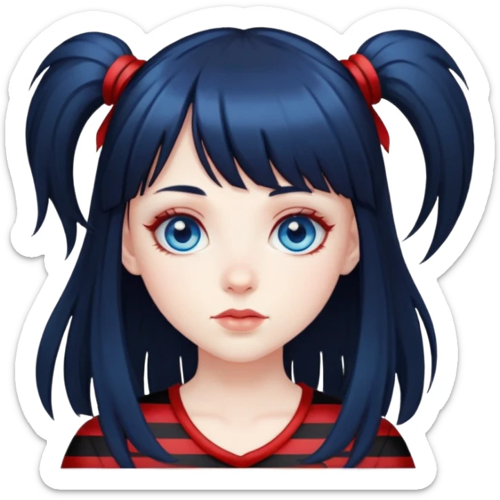 Blue eyes pale girl, long black hair with red striped hair and bangs sticker