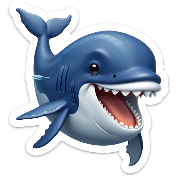 Meme-Worthy Singing Humpback Whale Portrait Emoji, Mouth open wide in a dramatic, melodious pose, showcasing a deep blue-gray body with barnacle accents and an expressive, soulful gaze, Simplified yet artistically graceful features, highly detailed, glowing with a soft, magical marine aura, high shine, enchanting and full of life, stylized with an air of deep-sea wonder, soft glowing outline, capturing the essence of a majestic humpback whale mid-song, resonating with the beauty of the ocean's ancient melodies! sticker