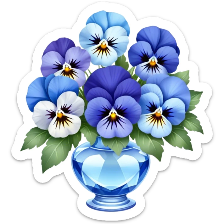 A charming bouquet of deep blue and pastel blue pansies, delicately arranged with hints of periwinkle and sky-blue blooms, wrapped in a pearl satin ribbon and placed in a crystal vase, reflecting soft light. sticker