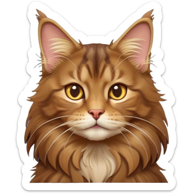 cinematic-cute brown-maine-coon-cat-portrait-emoji,-head-tilted-playfully-and-inquisitively,-sleek--brown-and-gold-tones-with-hints-of-deep-auburn-fur,-simplified-yet-adorable-features,-highly-detailed,-glowing-with-a-warm,-friendly-glow  sticker
