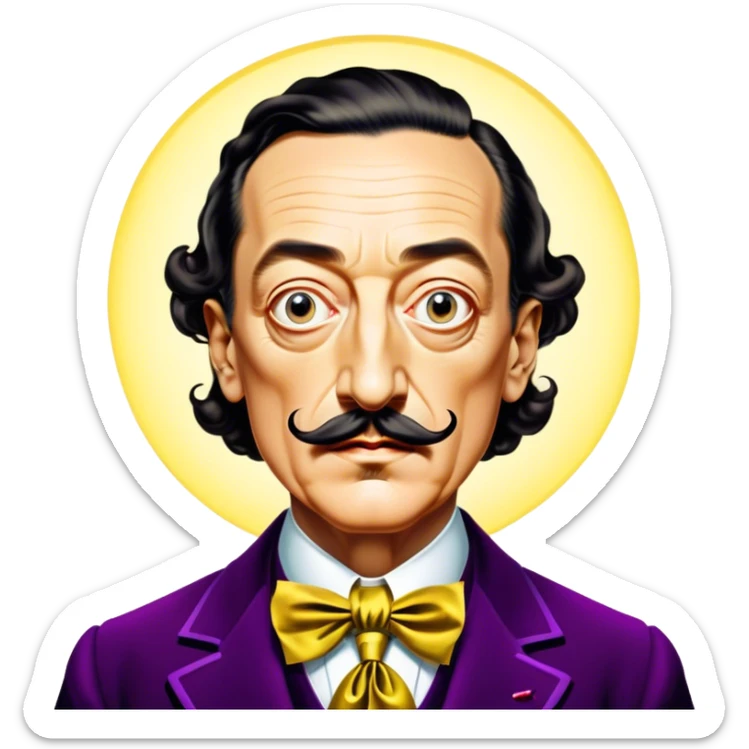 Cinematic Realistic portrait of Salvador Dalí, depicted as a surrealist artist with eccentric, expressive features and his iconic mustache, rendered with vibrant, imaginative lighting and richly detailed period attire that capture his avant-garde essence. sticker