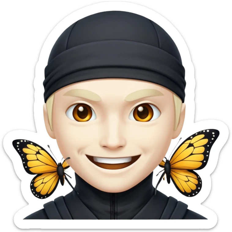 Crea un emoji con estos dos emoji 🥷🏻🦋
él ninja de piel blanca con la mariposa posada en cabeza como si estuviera volando. sticker