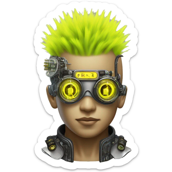 Neon yellow Mohawk hair Asian male cyborg head with silver steampunk goggles and circuits sticker