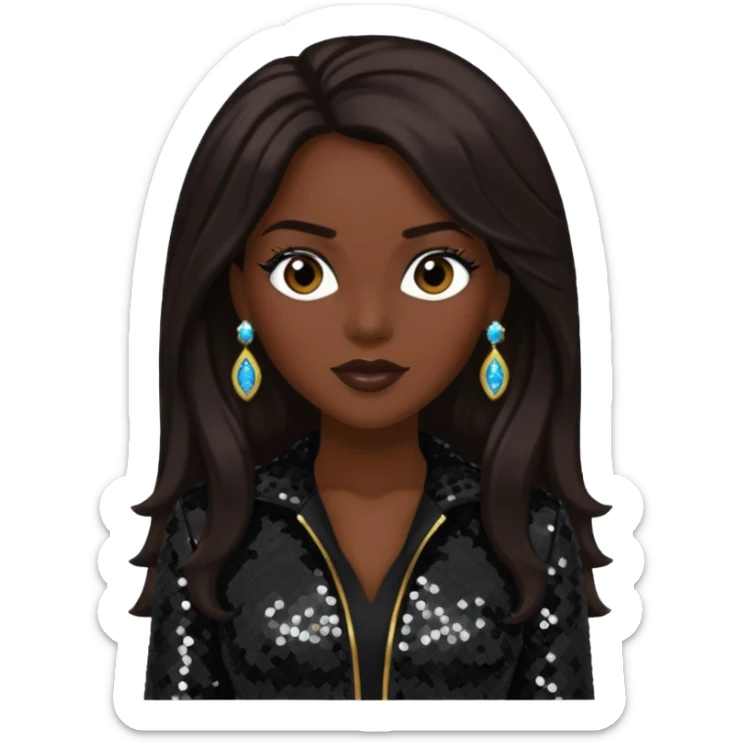 Cindy Herron from En Vogue with long dark brown hair, black sequin outfit sticker